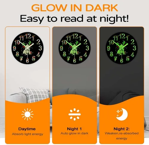 Miniatura 4 de The Geeky Days Reloj que brilla en la oscuridad, adorno de Navidad Pug funciona con pilas, reloj de pared luminoso de cuarzo silencioso con diseño