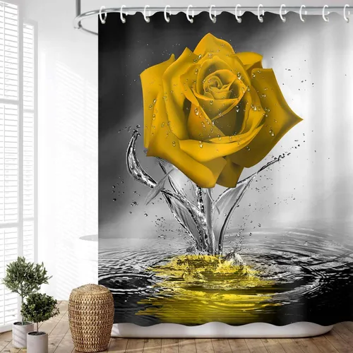 Miniatura 25 de JAWO Cortina de ducha con diseño de rosas, románticas flores y rosas rojas reflejadas en el agua, cortina de baño de tela, cortina de baño negra