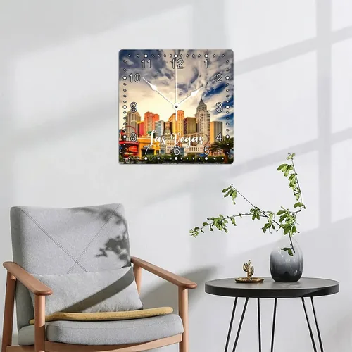 Miniatura 6 de Reloj cuadrado de madera de 15 x 15 pulgadas, diseño de paisaje urbano de Las Vegas, números arábigos, moderno, silencioso, sin tictac, funciona