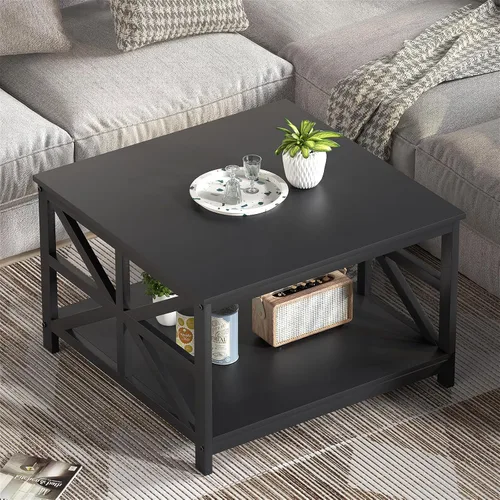 Miniatura 5 de GreenForest Mesa de café moderna para sala de estar con almacenamiento de 2 niveles, pequeña mesa central de granja cuadrada de madera y metal