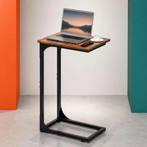 Miniatura 12 de Mesa auxiliar en forma de C para sofá, soporte de café pequeño, bandeja de sofá con marco de metal, parte superior de madera impermeable resistente