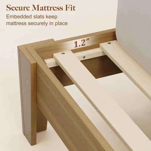 Miniatura 5 de Base de cama tamaño Queen con cabecero, marco de cama de madera moderna de mediados de siglo con cabecero acanalado y alas curvas, sin ruido,