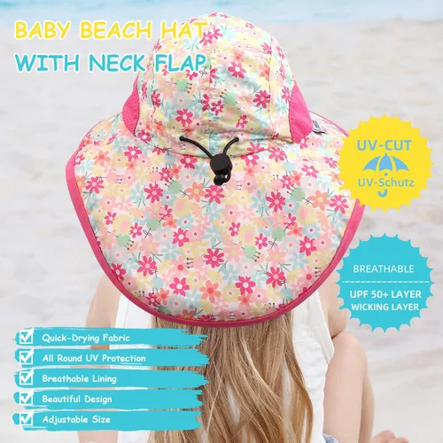 Miniatura 22 de Sombrero de verano para niños pequeños con solapa para el cuello, impermeable, sombrero de natación para niños, protección UV, sombrero de playa