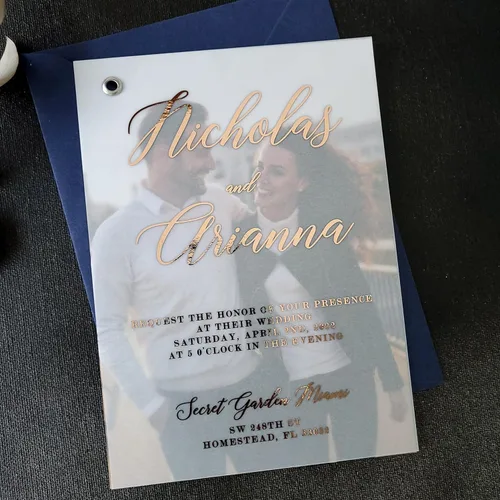 Miniatura 3 de Invitaciones de boda elegantes de Vellum con lámina dorada e imagen, invitación personalizada en oro, plata, oro rosa, invitaciones con foto