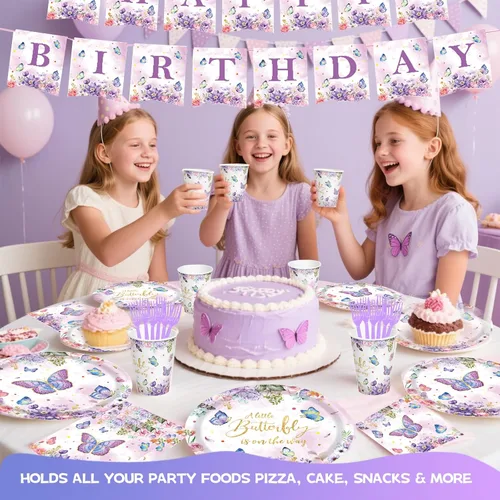 Miniatura 6 de Suministros de fiesta de cumpleaños de mariposa, juego de vajilla desechable de mariposa de 120 piezas con platos, vasos, servilletas y tenedores