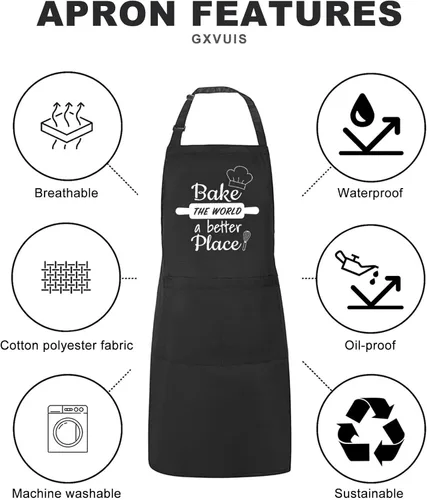 Miniatura 5 de Baking Lover - Delantal para mujer Bake the World a Better Place impermeable, ajustable, 2 bolsillos, delantal de cocina, regalo