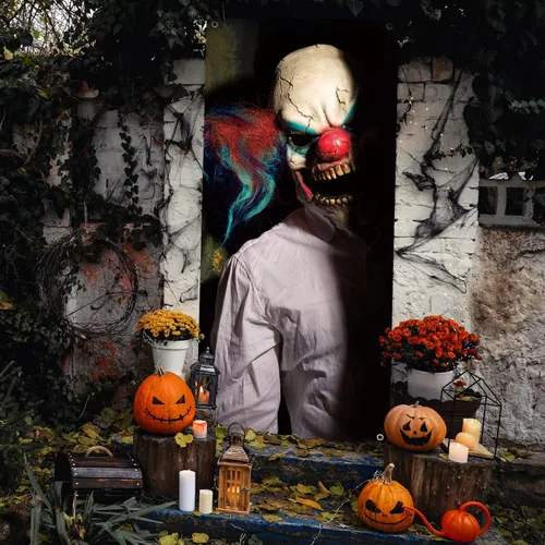 Tranqun Decoraciones de payaso de Halloween, cubierta de puerta de fantasma aterrador, 79 x 35 pulgadas, calcomanías espeluznantes para ventana,