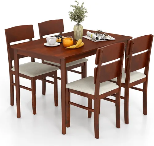 Giantex Juego de mesa de comedor de 5 piezas para 4, mesa de comedor rectangular de granja con 4 sillas tapizadas, respaldo alto curvo, patas de