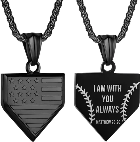 HattiDoris Collar de placa de béisbol para hombre, colgante de escudo de bandera de Estados Unidos, cadena de acero inoxidable de 22 + 2 pulgadas,