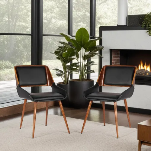 Miniatura 2 de Armen Living Silla de comedor Panda en piel sintética negra y acabado en madera de nogal Piel sintética negra/nogal