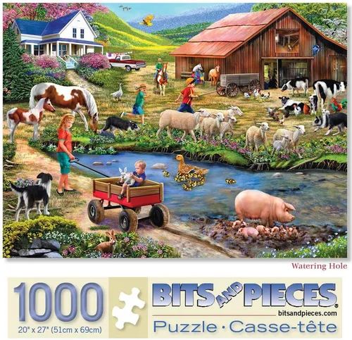 Bits and Pieces Rompecabezas de 1000 piezas para adultos – Agujero de riego – Animales de granja, rompecabezas de granero por la artista Mary