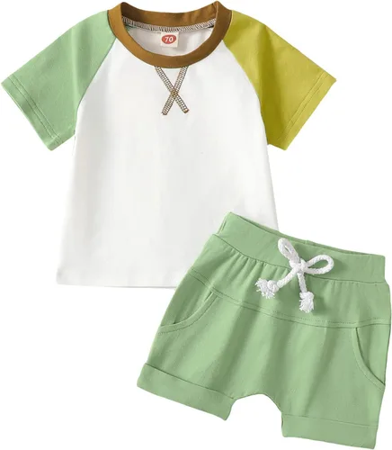 MAINESAKA Ropa de verano para bebé niño pequeño, camiseta de manga corta de color en bloque, pantalones cortos a rayas, 2 piezas