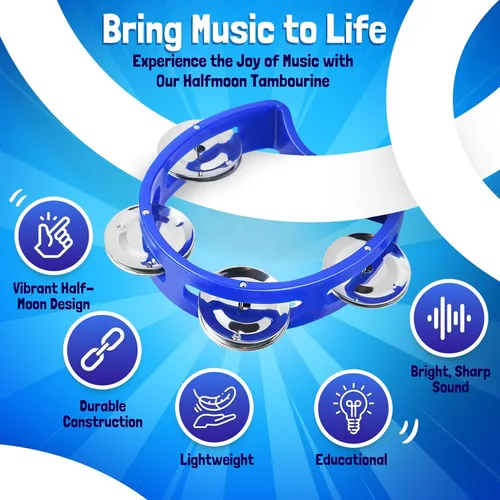 Miniatura 4 de Flexzion Pandereta - Campana de mano, instrumentos musicales de percusión (azul, paquete de 2), instrumento musical de plástico, media luna, mini D
