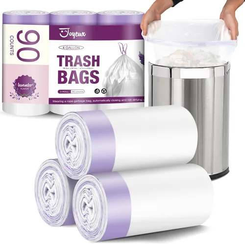 JOYEUX Bolsas de basura pequeñas de 4 galones – 90 bolsas de basura pequeñas con cordón, mini forros de basura blancos para baño, dormitorio,