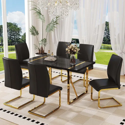 Miniatura 24 de Juego de mesa de comedor negra para 4, parte superior negra brillante de 55 pulgadas con patas de metal dorado, juego de mesa de comedor moderno