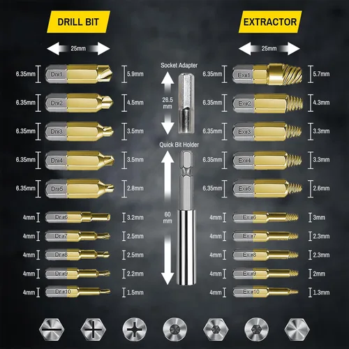 Miniatura 2 de Juego de 22 extractores de tornillos dañados de titanio, kit de extractor de tornillos HSS 4341, extractor de tornillo pelado fácil de quitar