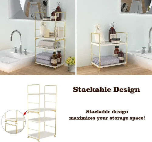 Miniatura 6 de Repisa de 2 niveles para especias de cocina - Estante organizador apilable independiente para encimera de baño - Soporte organizador de cosméticos