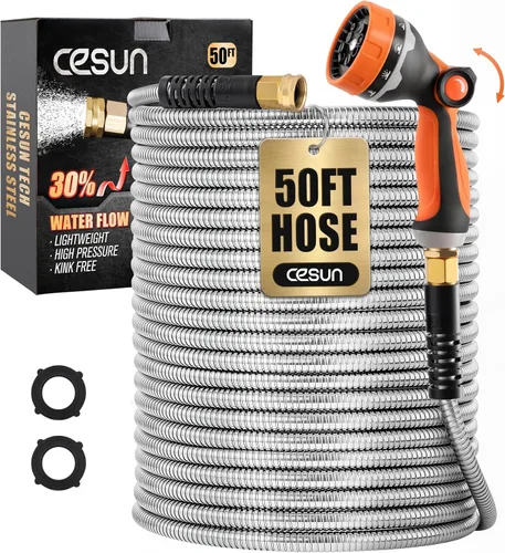 Miniatura 12 de Cesun Manguera de jardín corta de 3 pies, manguera de agua conductora de metal, resistente y ligera, tubo de agua de acero inoxidable para RV, al