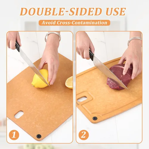 Miniatura 6 de Juego de 2 tablas de cortar para cocina, aptas para lavavajillas, ecológicas, tabla de cortar reversible con asas y ranuras para jugos, tabla