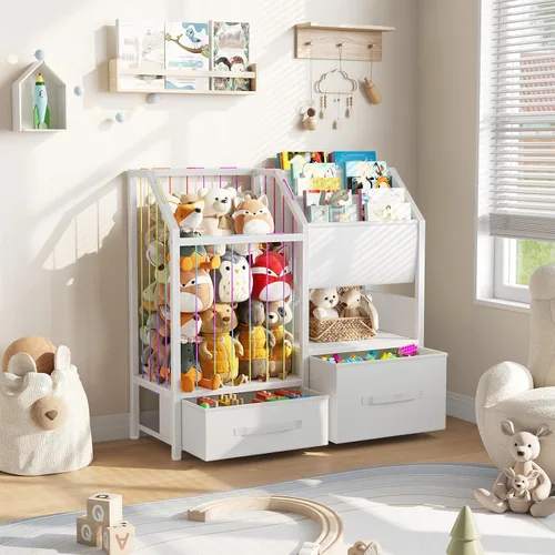 Miniatura 2 de HOOBRO Estantería para niños y organizador de almacenamiento de juguetes, almacenamiento de animales de peluche con estantería con eslinga y cajones