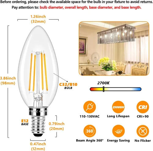 Miniatura 2 de Bombillas LED E12 para candelabros equivalentes a 40 vatios, bombillas de luz de vela vintage regulables de 4W, 470Lm luz blanca cálida 2700K 40 W