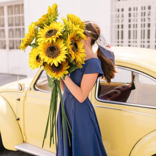 Miniatura 2 de Girasoles artificiales grandes de 9 pulgadas, flores artificiales de tallo largo de 33 pulgadas de alto, girasoles de seda gigantes con tallo