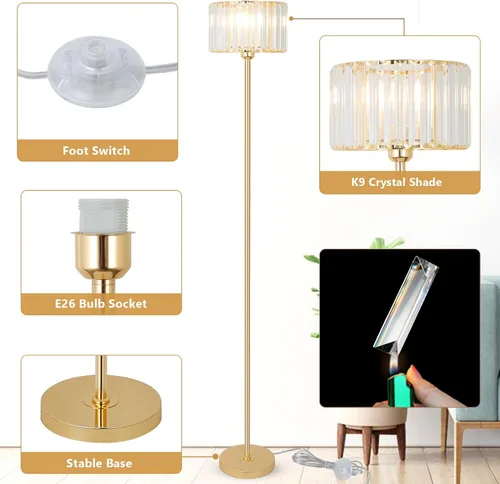 Miniatura 4 de Lámpara de pie dorada HMVPL para sala de estar, lámpara de pie moderna con pantalla de cristal K9, lámpara de pie de latón con interruptor
