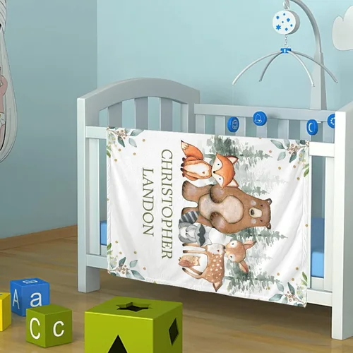 Miniatura 2 de Manta de bebé personalizada de animales del bosque para niños y niñas, manta de bebé personalizada con nombre Adventure Awaits Stuff recién nacido