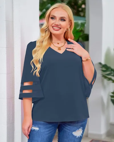 Miniatura 8 de LookbookStore - Blusa para mujer con paneles de malla, cuello en V, manga acampanada de 34 y corte holgado