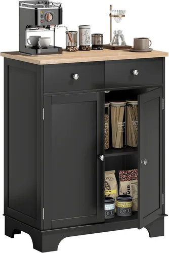 HOMCOM Aparador de buffet con encimera de madera maciza, gabinete de almacenamiento de cocina moderno, gabinete de barra de café con 2 cajones, Negro