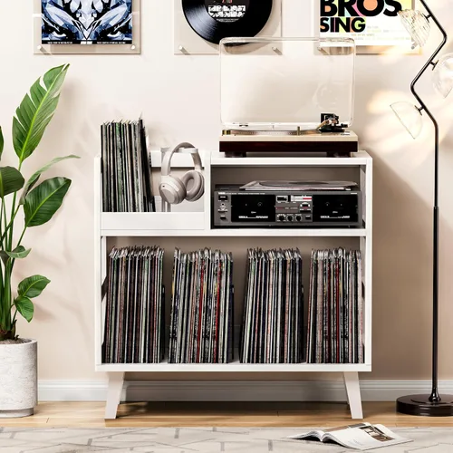 Miniatura 10 de Soporte para tocadiscos con almacenamiento de vinilo, moderno soporte para tocadiscos de mediados de siglo con capacidad para más de 150 álbumes