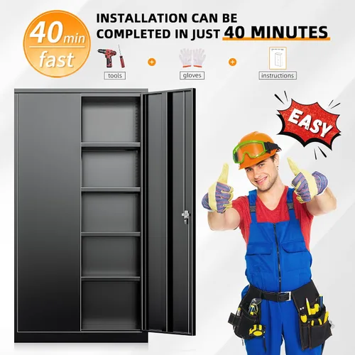Miniatura 7 de INTERGREAT Gabinete de almacenamiento con puertas y estantes, gabinetes de almacenamiento de garaje de metal con cerradura, gabinete de suministro