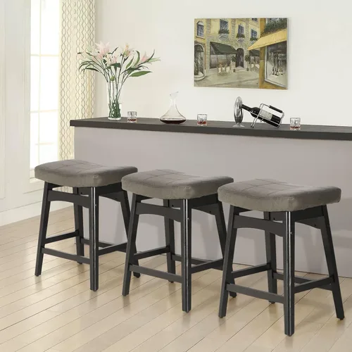 Miniatura 22 de Taburete de bar gris de madera maciza para encimera de cocina, taburete de bar con asiento de cuero sintético, taburete tapizado para isla de 34 a