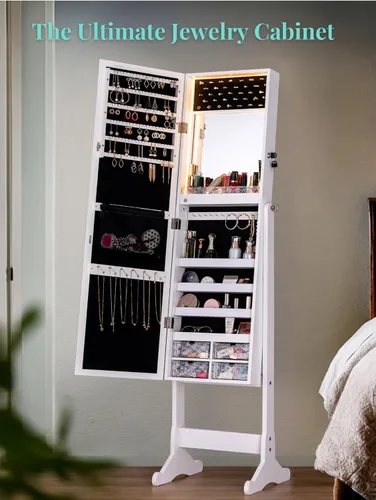 Miniatura 27 de LUXFURNI Armario de joyería con luz LED, espejo de pie, organizador de almacenamiento grande con cerradura y cajones (blanco)