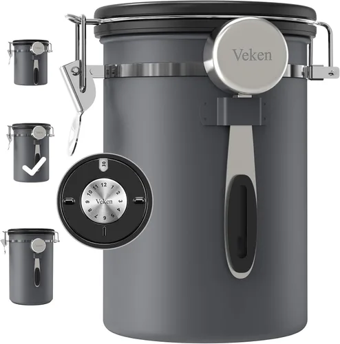 Miniatura 13 de Veken Recipiente para café, 39OZ grande, contenedor hermético de acero inoxidable para almacenamiento de alimentos para 2.2lbs de café en grano, Gris