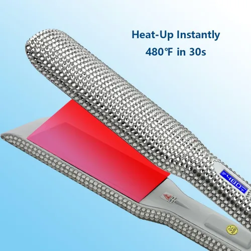 Miniatura 2 de Plancha plana de cerámica con magnífico diamante de imitación de cristal, alisador y rizador de pelo 2 en 1, apagado automático de 60 minutos, Blanco