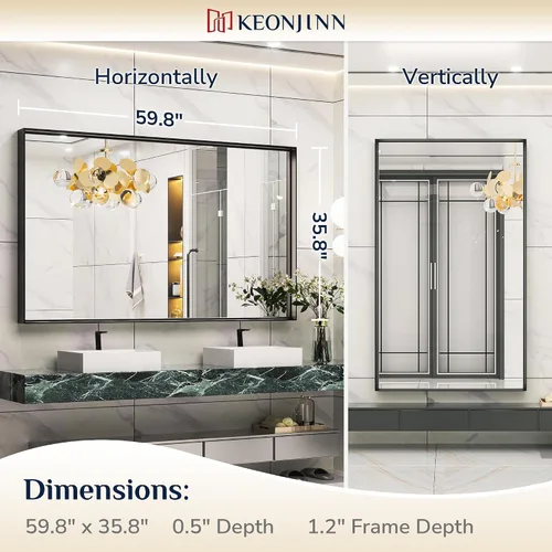Miniatura 9 de Keonjinn Espejos de baño negros de 60 x 36 pulgadas para sobre el fregadero, espejo de tocador rectangular grande con marco de metal para pared