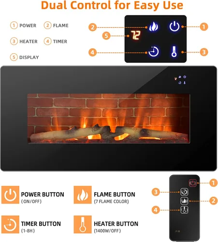 Miniatura 3 de Tangkula Chimenea eléctrica de 36 pulgadas, calentador eléctrico independiente y montado en la pared, chimenea eléctrica de 1400 W con temporizador