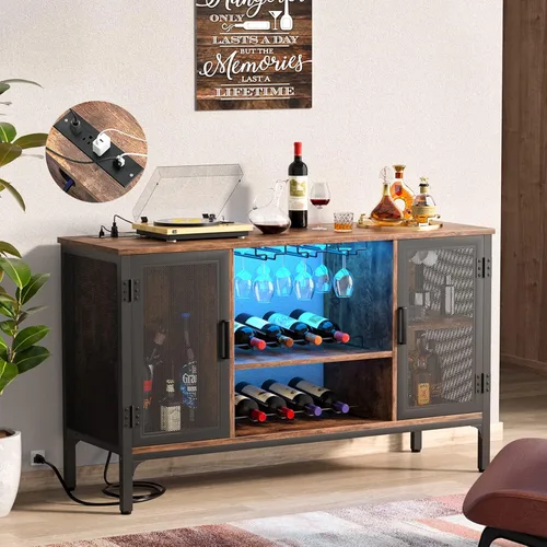 Miniatura 5 de Homieasy Armario de bar de vinos con tomas de corriente y luces LED, gabinete de barra de café industrial con estante para vino para bar en casa
