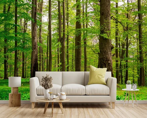 Miniatura 2 de Papel tapiz de tela con diseño de paisajes forestales verdes, bosques, árboles, sala de estar, dormitorio, baño, selva, mural de pared - 91 x 65