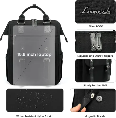 Miniatura 2 de LOVEVOOK - Mochila para laptop de mujer, mochila para profesores y enfermeras, bolsa de trabajo y viaje, mochilas para computadora, Negro-negro