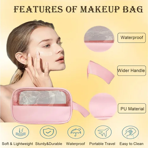 Miniatura 3 de Bolsa de maquillaje transparente, bolsa de cosméticos portátil de viaje para mujeres, aprobada por la TSA, bolsa transparente impermeable de PVC