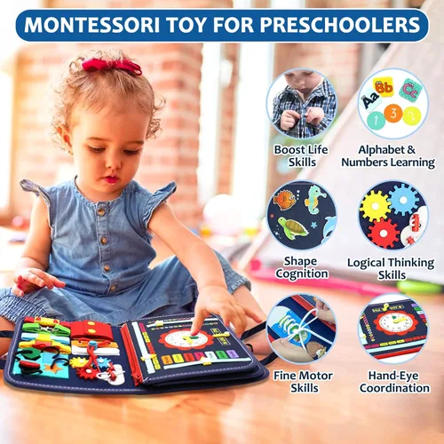 Miniatura 2 de Qizfun Montessori Tablero Ocupado y Libro Ocupado para Niños Pequeños – Juguete Sensorial y de Aprendizaje que Mantiene a los Niños Ocupados