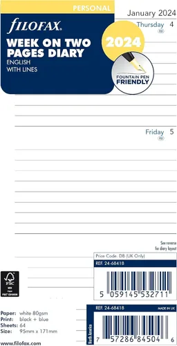 Filofax Recambio de diario de calendario, tamaño personal/compacto, semana a vista, papel blanco, a rayas, inglés, 2024 (C68418-24)