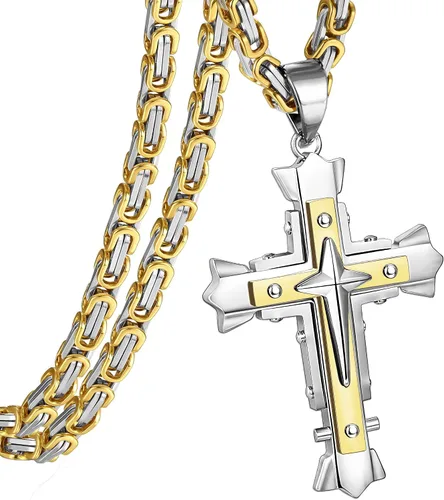 Collar con colgante de cruz de Jesucristo grande de acero inoxidable, joyería religiosa para hombres, cadena de 24 pulgadas, color plataoronegro