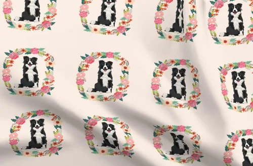 Spoonflower Fabric - Inch Border Collie Black White Wreath Florals Dog Floral Dogs Collies Printed on Chiffon Fabric Fat Quarter - Sewing Fashion