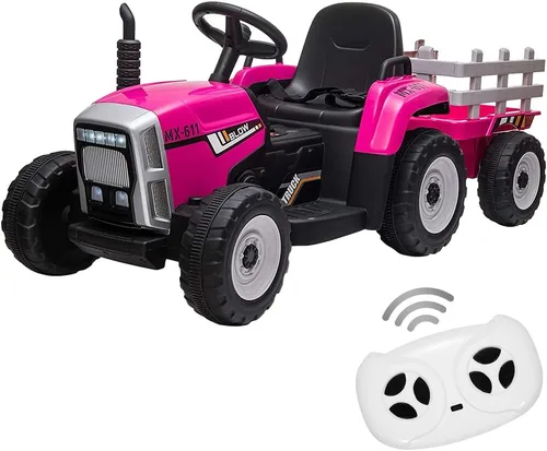 Tractor Eléctrico de 12V con Batería para Niños con Remolque, Carro Montable para Niños Pequeños con Control Remoto/7 Faros LED/Cambio de Marchas