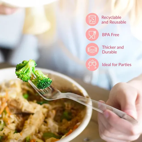 Miniatura 5 de Prestee Tenedores de plástico de 100 unidades, tenedores resistentes desechables para fiestas, eventos y catering, cubiertos transparentes y Plateado