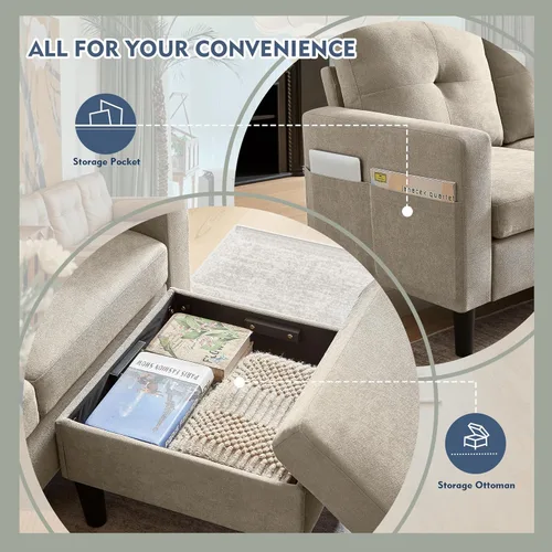 Miniatura 6 de Sofá modular convertible de 79 pulgadas, sofá pequeño en forma de L de 3 asientos con diván de almacenamiento y bolsillo lateral, sofá reversible