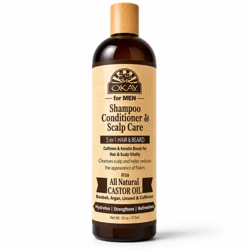 Okay -MEN Champú y acondicionador 3 en 1 - Champú y acondicionador de aceite de ricino, lavado de barba, tratamiento aclarador para cabello seco